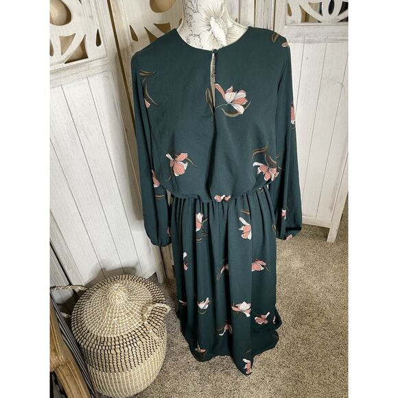 Ava & Viv Women's Dress Size X Hunter Green Floral Boho Cinch Waist Keyhole - Picture 1 of 6